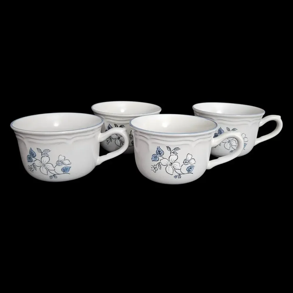 The Covington Edition Stoneware Japan Blue Floral Cups Set of 4 Vintage